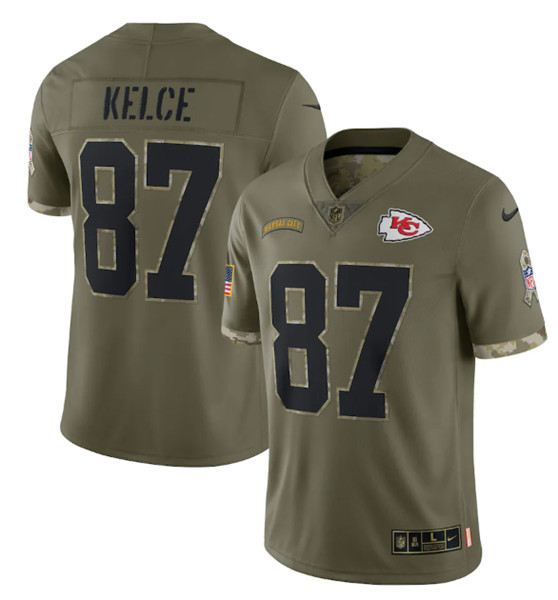 Men's Kansas City Chiefs #87 Travis Kelce 2022 Olive Salute To Service Limited Stitched Jersey